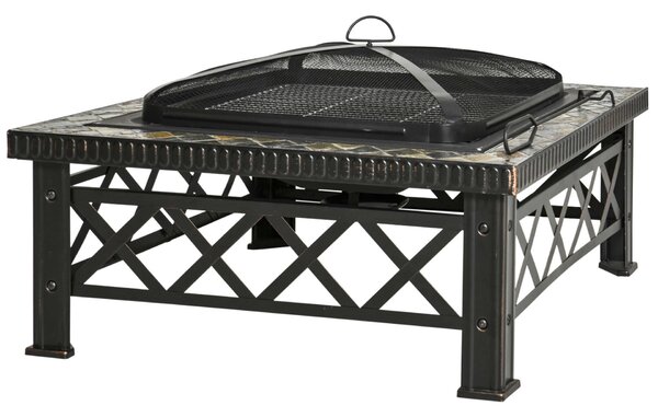 Outsunny Kerti Tűzrakóhely Fedővel, Szikrafogóval és Fém Grillezővel 76x76x47cm, Fekete