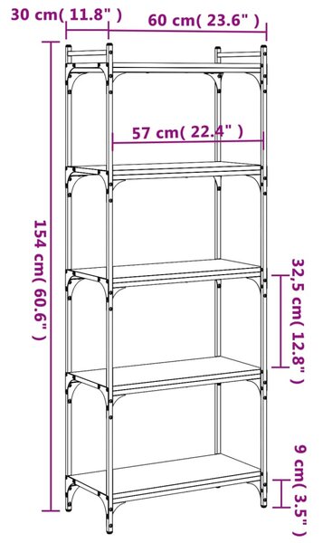 5 szintes szürke sonoma szerelt fa könyvespolc 60 x 30 x 120 cm