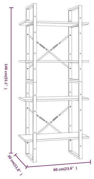 4 szintes szürke sonoma szerelt fa könyvszekrény 60x30x140 cm