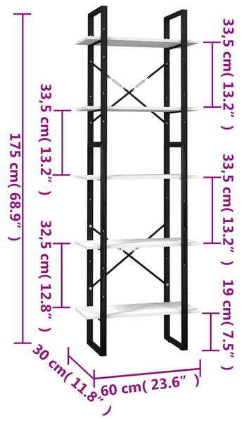 Ötszintes fehér fenyőfa könyvszekrény 60 x 30 x 175 cm