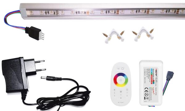 50cm-es 8 Wattos, 12 Voltos RGB LED, átlátszó, sarok alumínium profilban, adapterrel, 1 zónás FUT025 RF távirányítós (30db 5050 SMD LED)