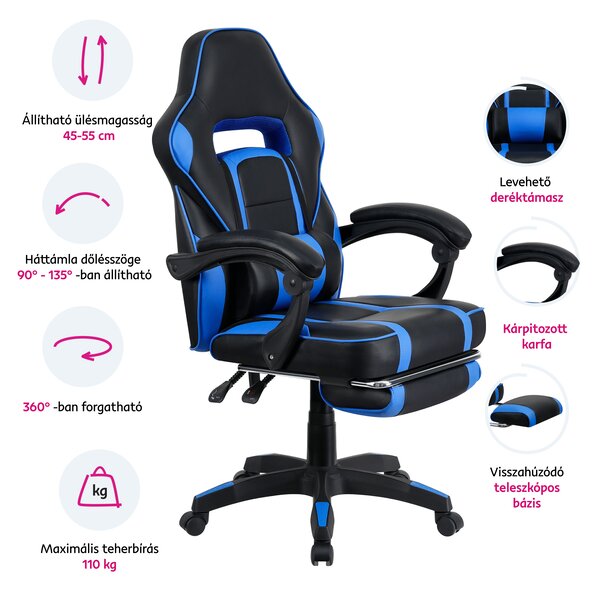 KONDELA Irodai/gamer szék, kék/fekete, GUNNER