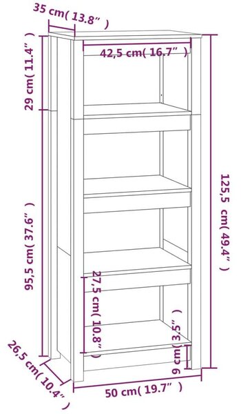 VidaXL Fekete Fenyőfa Könyvespolc - 5 Polc - 50x35x125,5 cm