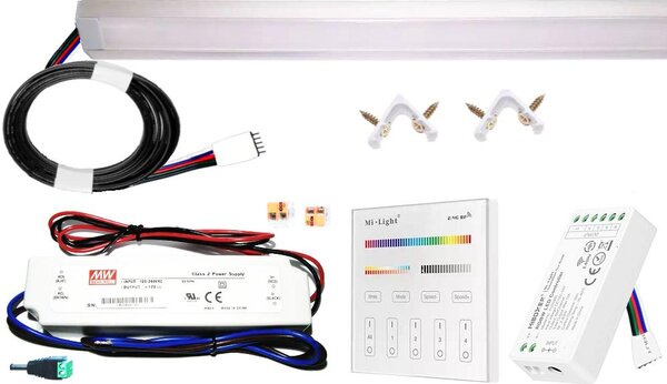 50cm-es 10 Wattos, 24 Voltos RGBWW LED szalag, opál, alumínium sarok profilban, fix tápegységgel, 4-zónás B4 RF fali távirányítós vezérlővel (30db 5050 SMD LED)