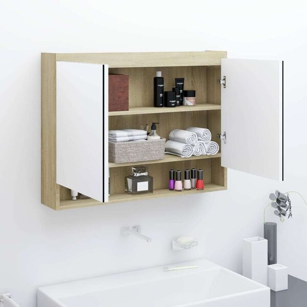 VidaXL fehér és tölgy MDF tükrös fürdőszobaszekrény 80 x 15 x 60 cm