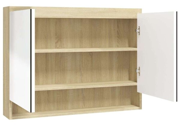 VidaXL fehér és tölgy MDF tükrös fürdőszobaszekrény 80 x 15 x 60 cm