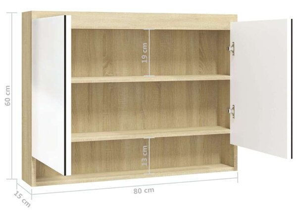VidaXL fehér és tölgy MDF tükrös fürdőszobaszekrény 80 x 15 x 60 cm