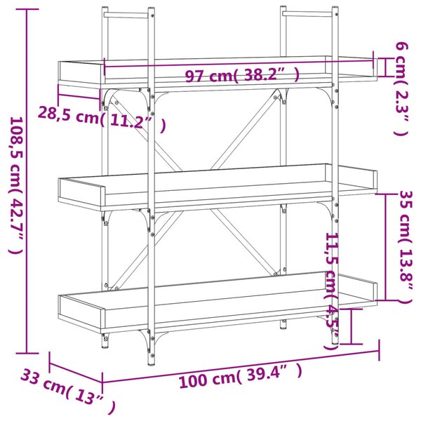 3-szintes barna tölgy szerelt fa könyvespolc 100x33x108,5 cm