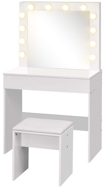 Homcom Sminkasztal Tükörrel és Székkel, LED Világítás, MDF, 80 x 40 x 140 cm, Fehér
