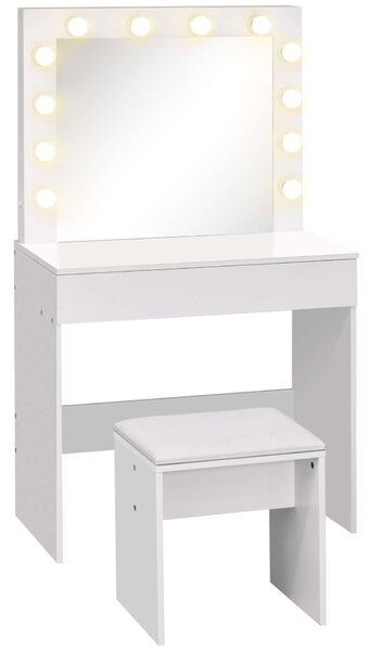 Homcom Sminkasztal Tükörrel és Székkel, LED Világítás, MDF, 80 x 40 x 140 cm, Fehér