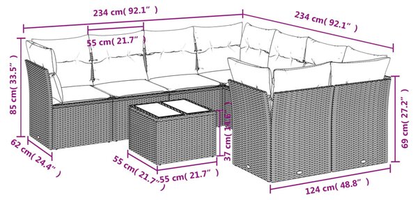 9 részes világosszürke polyrattan kerti ülőgarnitúra párnával