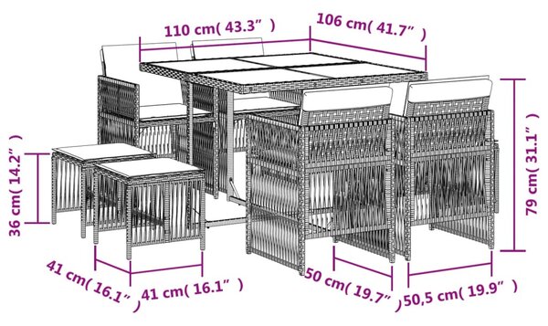 9 részes vegyes bézs polyrattan kerti étkezőgarnitúra párnákkal