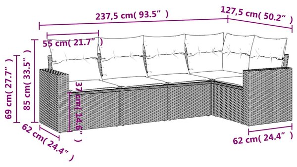 5 részes világosszürke polyrattan kerti ülőgarnitúra párnákkal