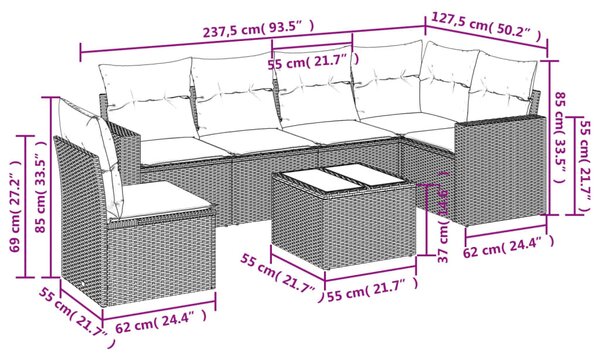 7 részes fekete polyrattan kerti ülőgarnitúra párnával