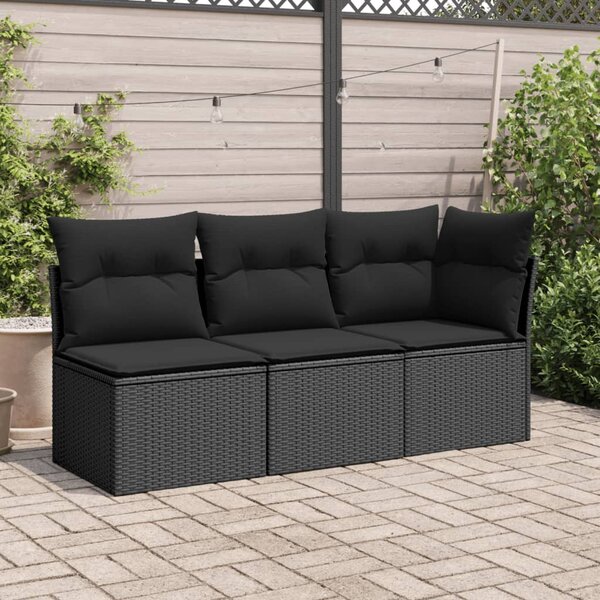 3 személyes fekete polyrattan kerti kanapé párnákkal
