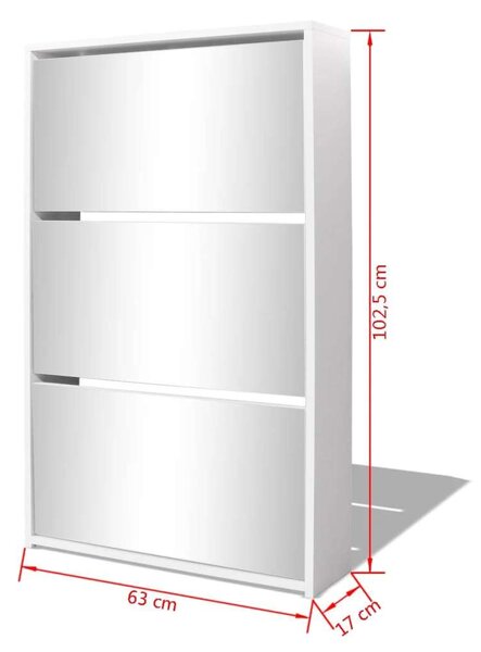 Cipőszekrény Tükörrel - Fehér - 63x17x102,5 cm