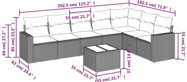 8 részes szürke polyrattan kerti ülőgarnitúra párnákkal
