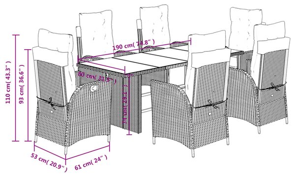 7 részes világosszürke polyrattan kerti étkezőszett párnával