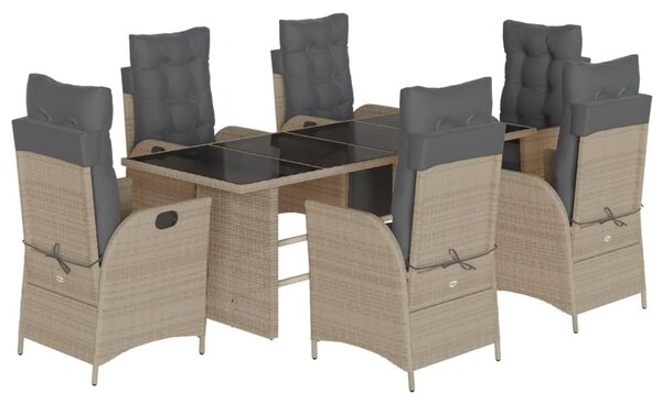 7 részes világosszürke polyrattan kerti étkezőszett párnával