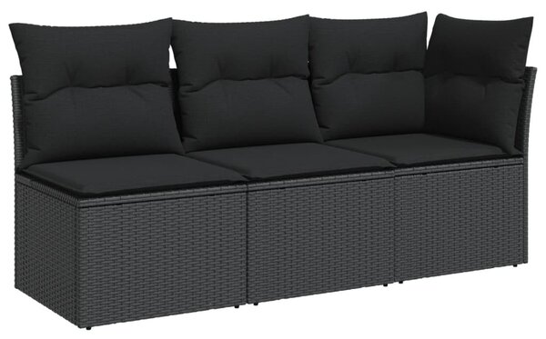 3 személyes fekete polyrattan kerti kanapé párnákkal