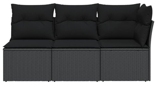 3 személyes fekete polyrattan kerti kanapé párnákkal