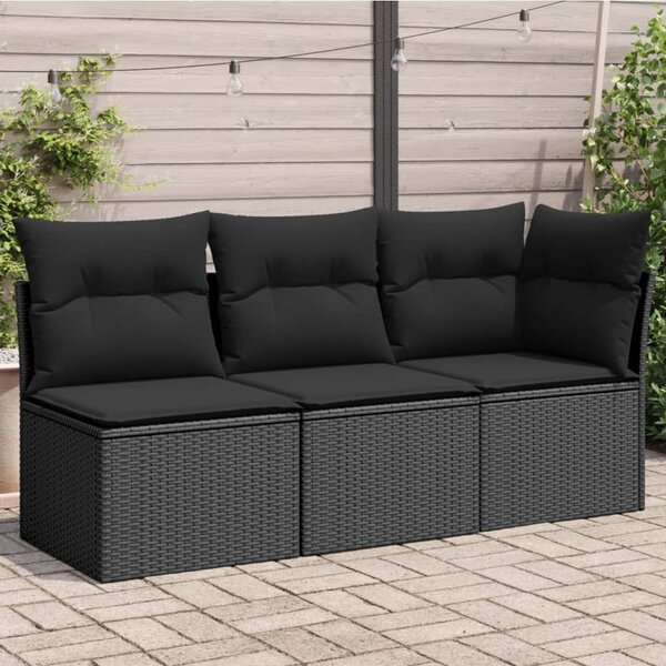 3 személyes fekete polyrattan kerti kanapé párnákkal