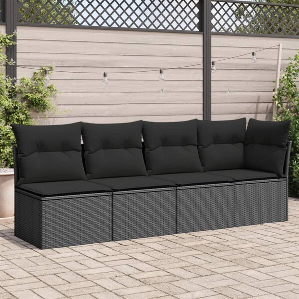 4 személyes fekete polyrattan kerti kanapé párnákkal