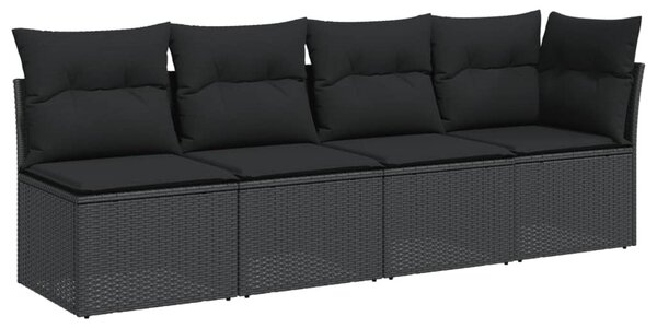 4 személyes fekete polyrattan kerti kanapé párnákkal