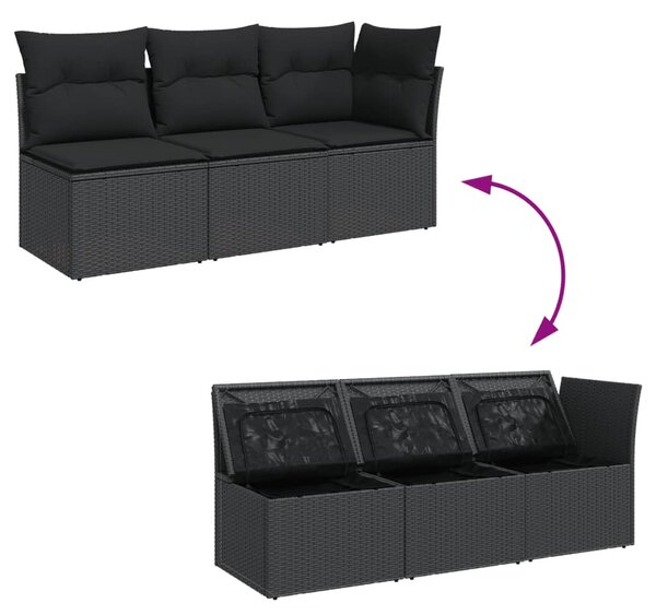 3 személyes fekete polyrattan kerti kanapé párnákkal