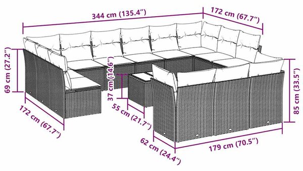 14 részes világosszürke polyrattan kerti ülőgarnitúra párnával