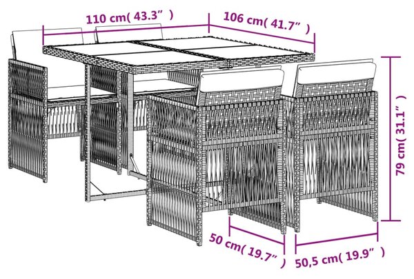 5részes világosszürke polyrattan kerti étkezőgarnitúra párnával