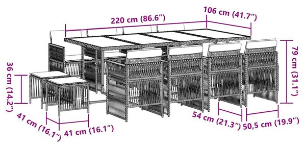 13 részes szürke polyrattan kerti étkezőgarnitúra párnákkal