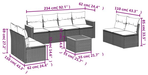 9 részes vegyes bézs polyrattan kerti ülőgarnitúra párnákkal