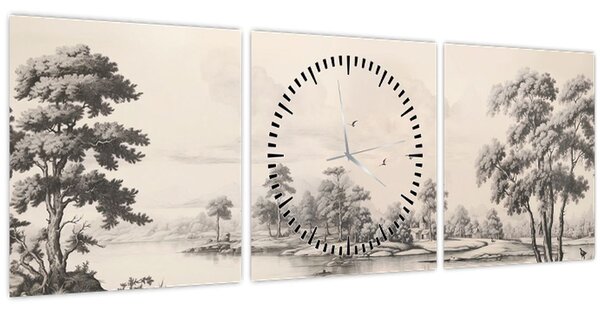 Kép - Vintage tájkép rajz (órával) (90x30 cm)