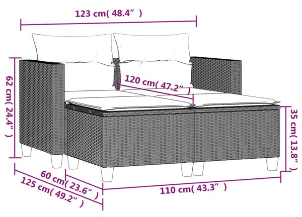 2 személyes fekete polyrattan kerti kanapé zsámollyal