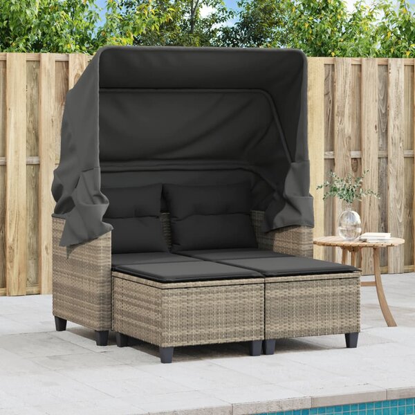 2 személyes szürke polyrattan kerti kanapé baldachinnal/székkel