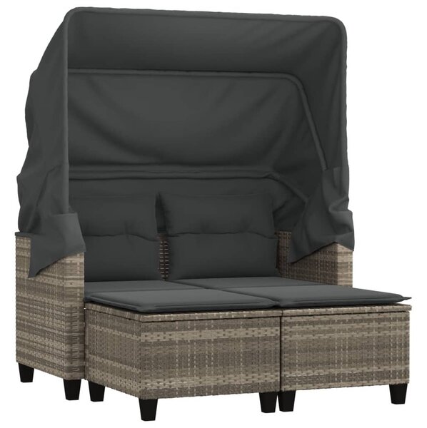 2 személyes szürke polyrattan kerti kanapé baldachinnal/székkel