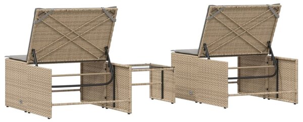 2 db bézs polyrattan napozóágy asztallal