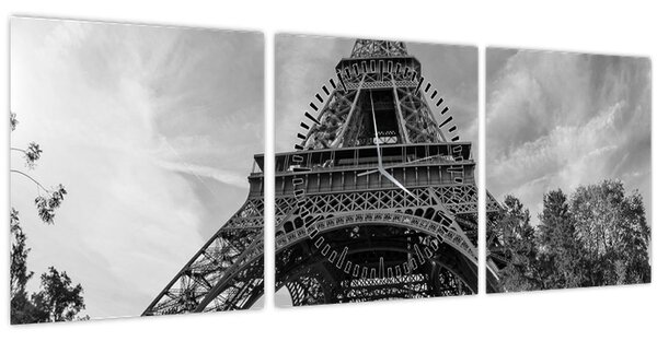 Kép - Eiffel-torony, fekete-fehér (órával) (90x30 cm)