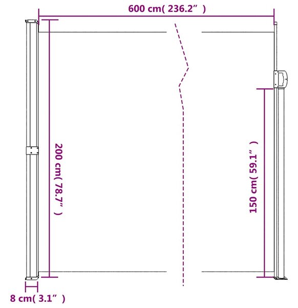 Krémszínű behúzható oldalsó napellenző 200 x 600 cm