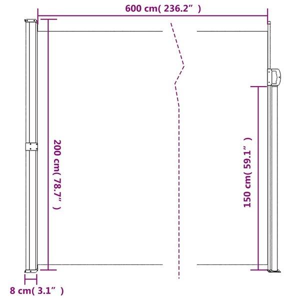 Fehér behúzható oldalsó napellenző 200 x 600 cm