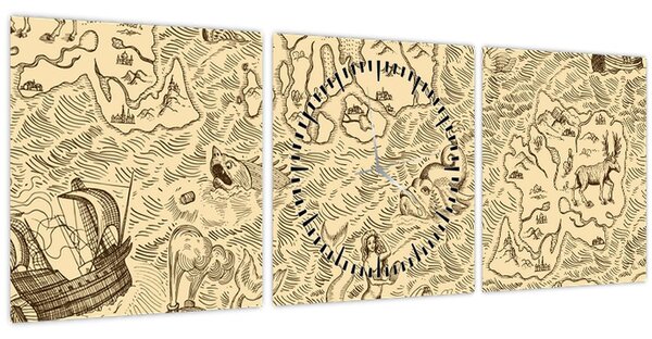 Kép - Vintage térkép, illusztrációk (órával) (90x30 cm)