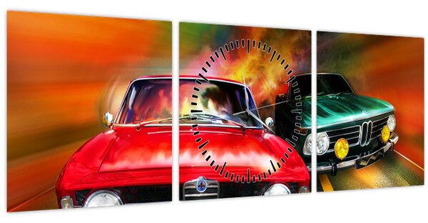 Kép - Retro versenyautók (órával) (90x30 cm)