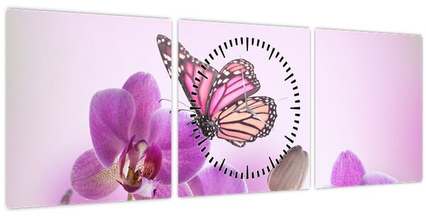 Kép - Pillangó orchidea virágon, lila (órával) (90x30 cm)