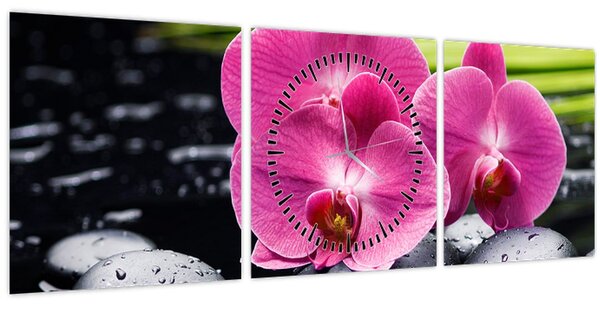 Kép - Rózsaszín orchidea pálmalevéllel (órával) (90x30 cm)