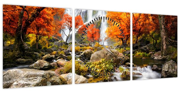 Kép - Vízesések őszi tájban, narancssárga (órával) (90x30 cm)