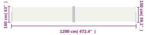 Krémszínű behúzható oldalsó napellenző 160 x 1200 cm