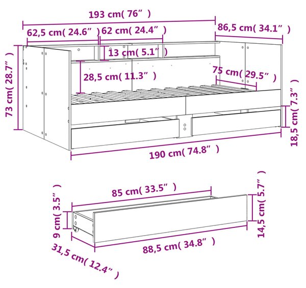 Barna tölgy kanapéágy fiókkal matrac nélkül 75x190 cm