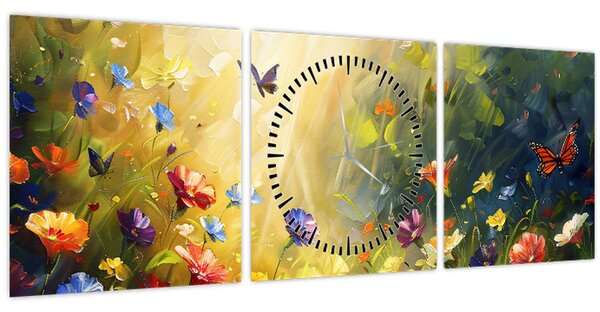 Kép - Tavaszi virágos rét, festmény (órával) (90x30 cm)