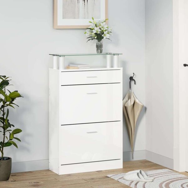 VidaXL magasfényű fehér szerelt fa cipőszekrény 63x24x104 cm